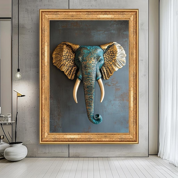 Elegant Elephant Canvas Wall Art - Gold and Teal Animal Head Print - Exotic Safari-Inspired Decor for Living Room, Office or Entryway