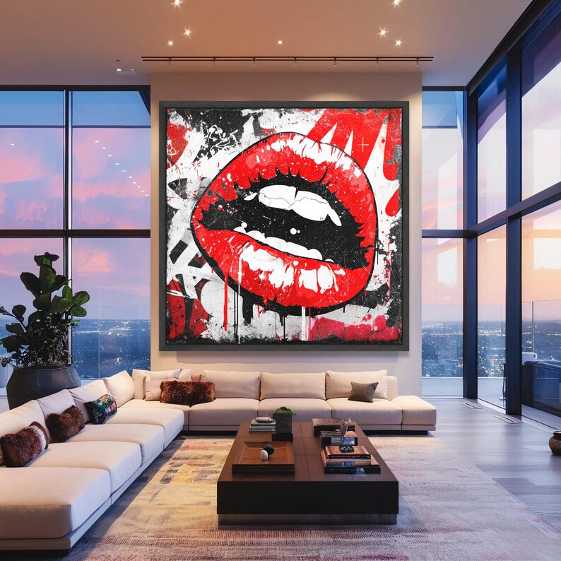 Bold Red Lips Canvas, Urban Graffiti Wall Art, Modern Pop Art Canvas ...