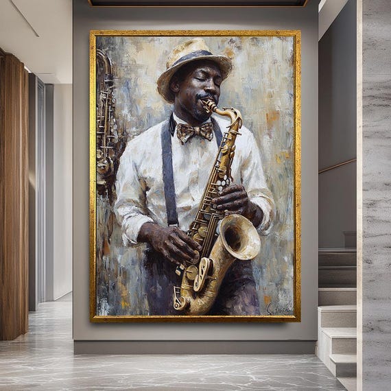 Jazz Musician Wall Art With Saxophone Player Portrait, Vintage Style Canvas Print For Music Lovers And Retro Living Room Decor