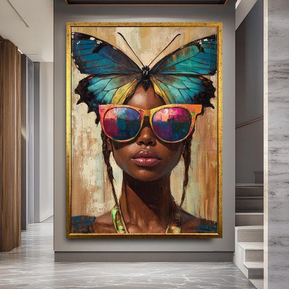 Butterfly Crown Woman Canvas Art – Bold Afrocentric Portrait with Colorful Sunglasses – Modern Feminine Wall Decor for Living Room or Studio