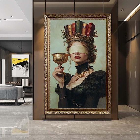 Blindfold Woman Crown Canvas Wall Art – Surreal Vintage Portrait Print – Dark Academia Artwork for Elegant Home Decor
