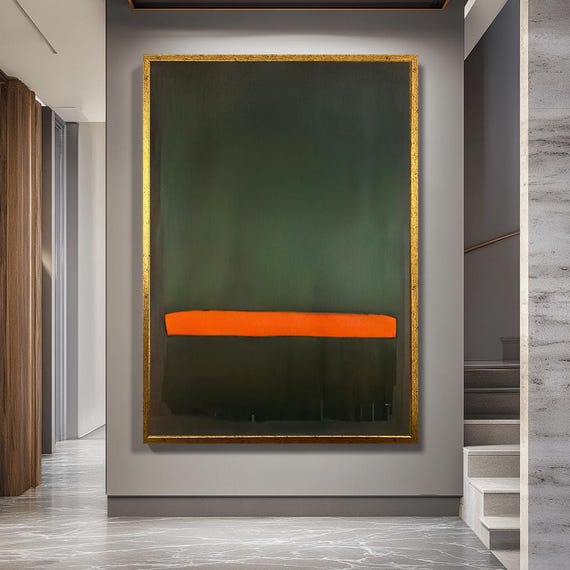 Minimalist Orange Line Canvas Wall Art, Modern Abstract Geometric Print, Dark Green Background Artwork for Contemporary Home Decor