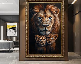 Lion Family Canvas Wall Art with Blue Eyes – Father Lion with Cubs Painting – Wildlife Animal Print for Living Room Home Decor