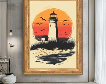 Vintage Leuchtturm Leinwanddruck: Retro Küstenlandschaft bei Sonnenuntergang