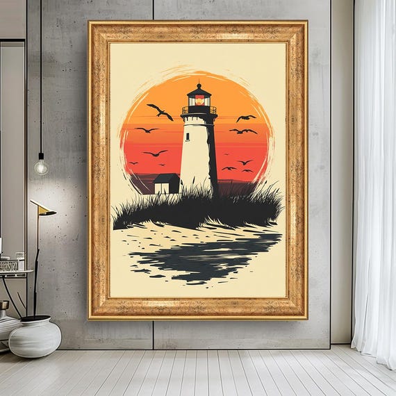 Vintage Lighthouse Wall Art – Retro Coastal Sunset Print with Birds, Minimal Nautical Canvas Artwork for Beach House or Ocean Decor