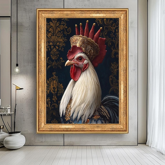 Royal Chicken Portrait Wall Art – Baroque Style Rooster Canvas Print, Funny Regal Animal Artwork, Farmhouse Decor with Crowned Hen