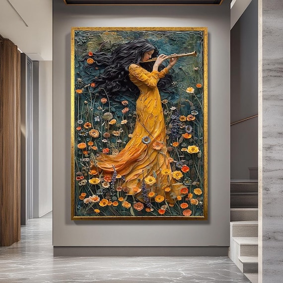 Flute Woman Canvas Wall Art – Whimsical Girl in Yellow Dress Playing Music Among Wildflowers Romantic Boho Nature Painting for Home Decor