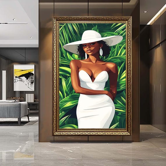Elegant Woman in White Hat Canvas Wall Art – Tropical Fashion Portrait Illustration – Modern Chic Artwork for Stylish Home Decor