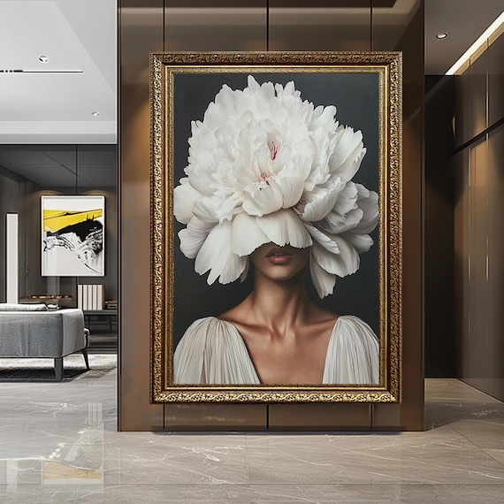 White Flower Head Woman Wall Art – Elegant Minimalist Floral Portrait Canvas, Modern Feminine Artwork for Bedroom or Living Room Decor