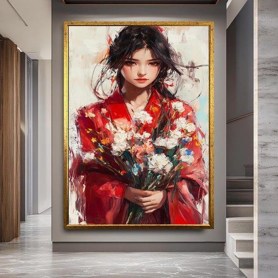 Asian Woman with Flowers Canvas Art – Elegant Red Kimono Portrait Painting – Romantic Figurative Wall Decor for Bedroom or Gallery Space
