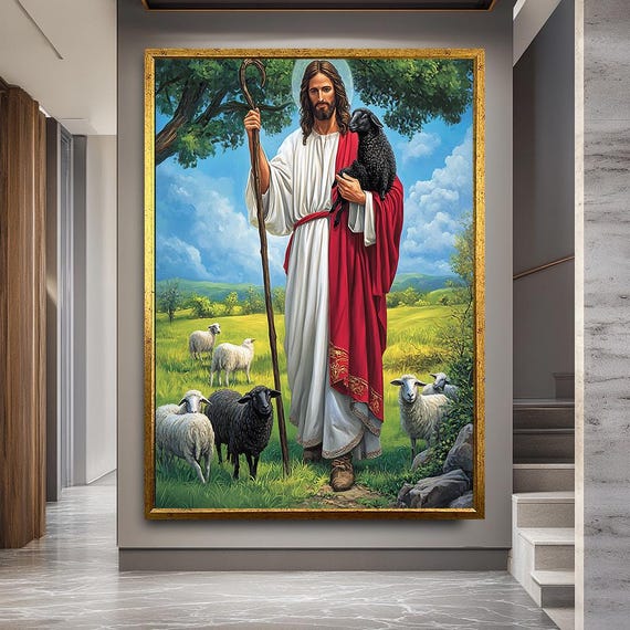 Jesus the Good Shepherd Canvas Print, Christian Religious Wall Art, Faith and Peace Artwork for Home, Church or Prayer Room