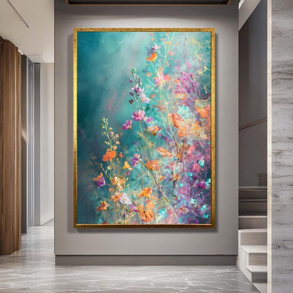 Colorful Wildflower Canvas Wall Art – Dreamy Floral Meadow Painting Print – Vibrant Nature Artwork for Boho or Feminine Home Decor