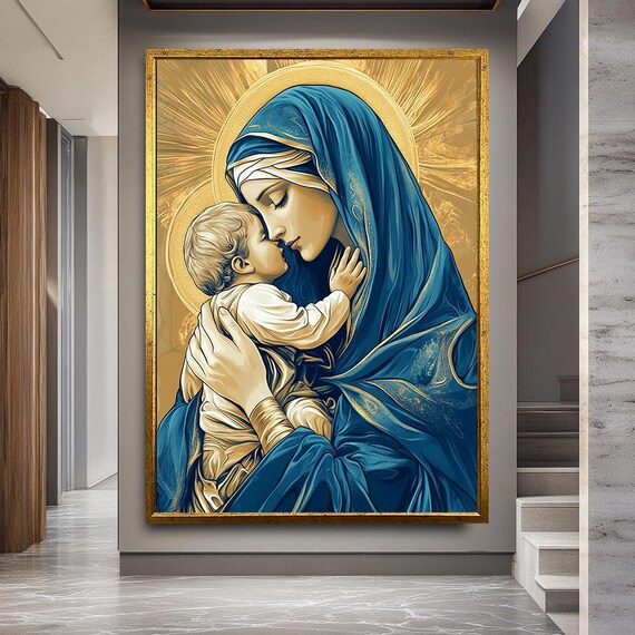 Modern Virgin Mary and Child Canvas – Blue and Gold Holy Art – Sacred Mother and Baby Jesus Wall Decor – Religious Catholic Icon Print