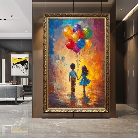 Children with Balloons Canvas Wall Art – Colorful Kids Friendship Print – Whimsical Childhood Artwork for Nursery Decor
