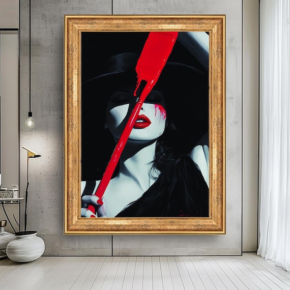 Modern Red Brush Stroke Woman Canvas | Bold Fashion Wall Art | Black & White Red Accent Portrait Print | Glam Makeup Illustration
