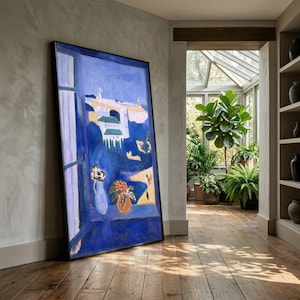 Scenic Landscape from Window Canvas, Blue Interior View, Floral Pot and Vase Wall Art, Henri Matisse Inspired Canvas, Home Decor Painting