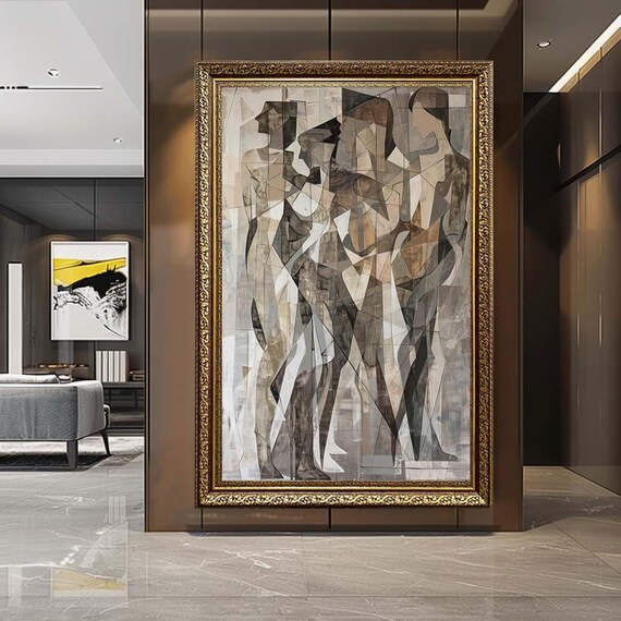 Abstract Cubist Figures Canvas Wall Art – Modern Geometric Human Print – Contemporary Neutral Artwork for Stylish Home Decor