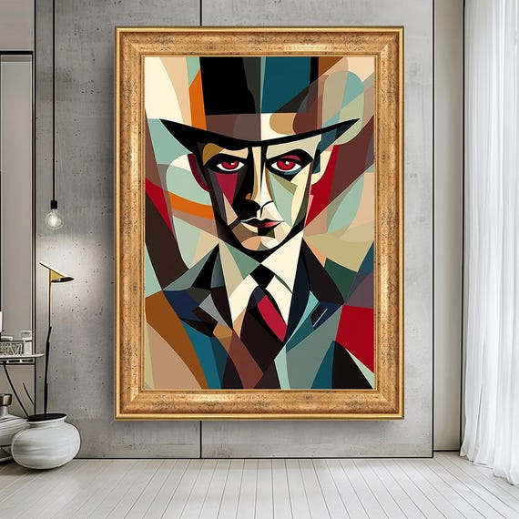 Abstract Man Portrait Canvas – Color Block Cubist Style Wall Art – Modern Mafia Vibe Artwork – Bold Colorful Face Painting for Decor