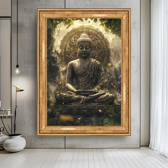 Buddha Meditation Canvas Wall Art – Serene Zen Statue in Jungle Mist – Spiritual Peaceful Decor for Yoga Room or Mindfulness Space