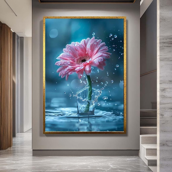 Pink Flower Splash Canvas Wall Art – Fresh Water Drop Floral Print – Elegant Botanical Artwork for Spa or Feminine Room Decor