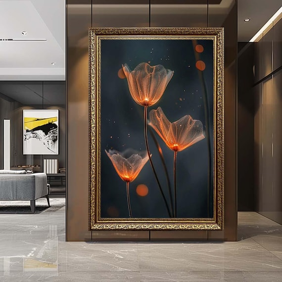 Glowing Flower Canvas Wall Art – Dreamy Illuminated Floral Painting Print – Modern Fantasy Botanical Artwork for Ambient Home Decor