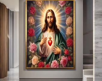 May include: A framed religious portrait depicting a central figure with long brown hair, a beard, and a green robe. A red heart with a flame is visible on the chest. The figure is surrounded by a halo of light and roses in shades of red, pink, and cream.