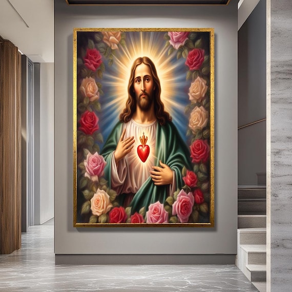 Sacred Heart of Jesus Canvas Wall Art – Glowing Catholic Portrait with Roses and Radiant Light Symbolizing Love and Mercy for Prayer Room