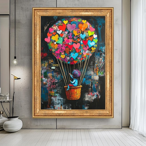 Graffiti Banksy Canvas Art -Colorful Heart Balloon Street Art Canvas | Whimsical Kid Wall Decor | Urban Nursery Artwork for Playroom