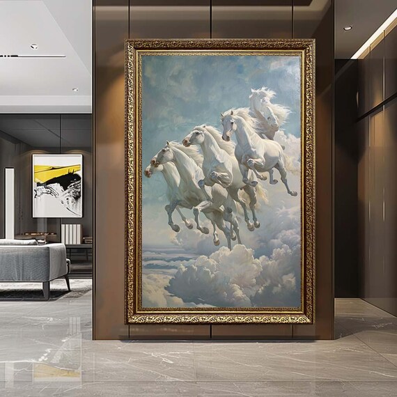 White Horses in Clouds Canvas Wall Art – Majestic Heavenly Stallions Print – Dreamy Equestrian Artwork for Elegant Home Decor