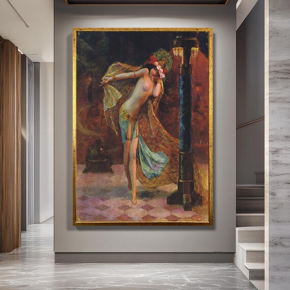 Orientalist Belly Dancer Canvas Wall Art, Exotic Vintage Painting Print, Classical Sensual Artwork for Elegant or Historic Interior Decor