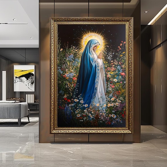 Virgin Mary Praying in Flower Meadow – Catholic Wall Art – Blue Cloak Madonna Canvas – Spiritual Floral Home Decor – Holy Woman Print