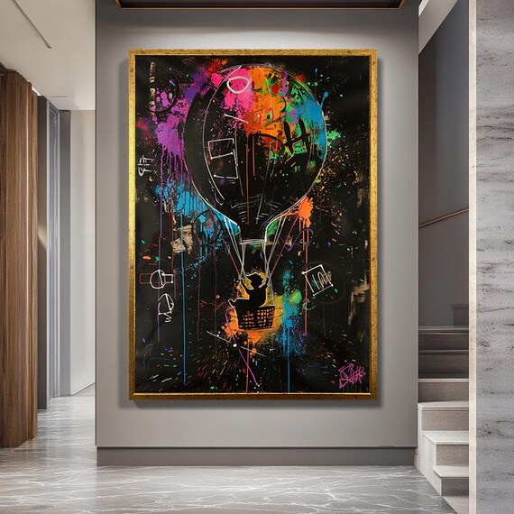Colorful Hot Air Balloon Graffiti Canvas, Abstract Urban Street Art Print, Neon Splatter Wall Art for Studio or Creative Room Decor