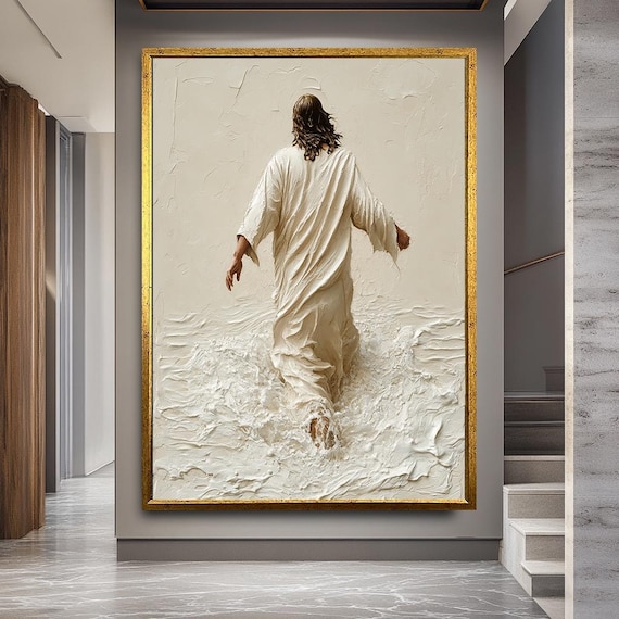 Jesus Walking on Water Canvas Print, Minimalist Religious Wall Art, Textured Christian Decor, Faith Inspired Artwork
