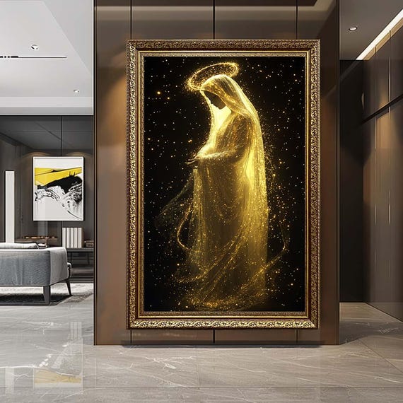 Golden Virgin Mary Canvas Wall Art – Glowing Madonna Spiritual Print – Elegant Religious Artwork for Sacred Home Decor