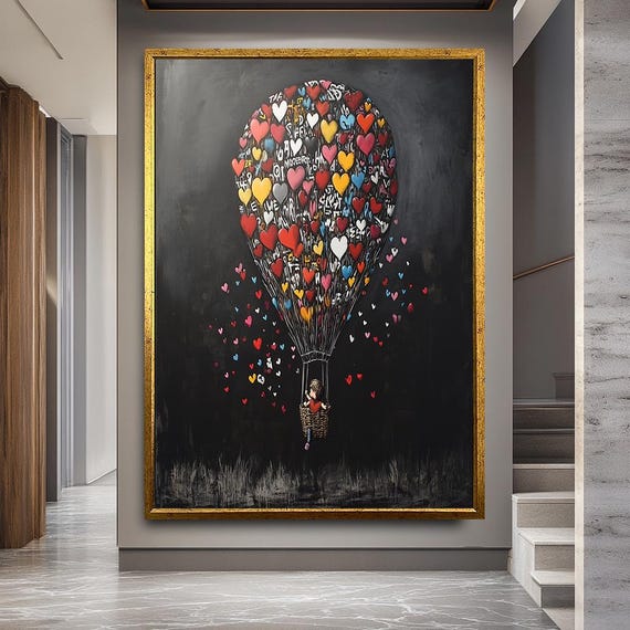 Banksy Canvas Art - Romantic Hot Air Balloon with Heart Shapes – Love Themed Canvas Wall Art, Whimsical Modern Artwork