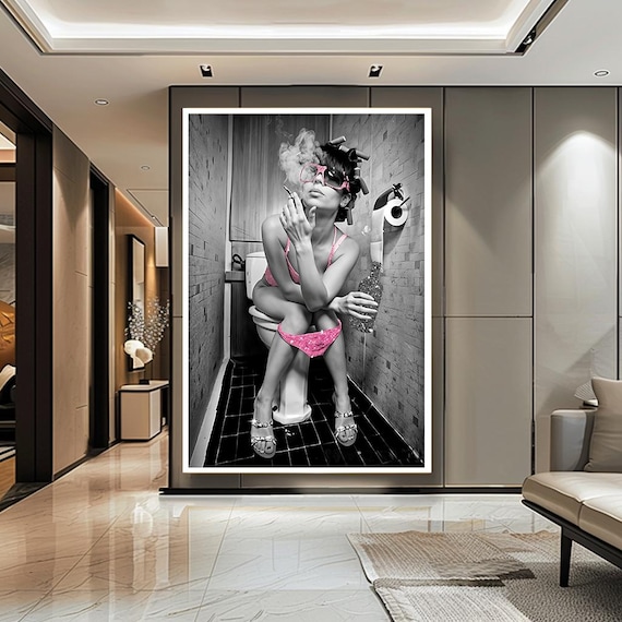 Bold Funny Woman on Toilet Canvas Wall Art – Retro Pop Art Style Bathroom Humor Print – Quirky Glam Girl Smoking Artwork