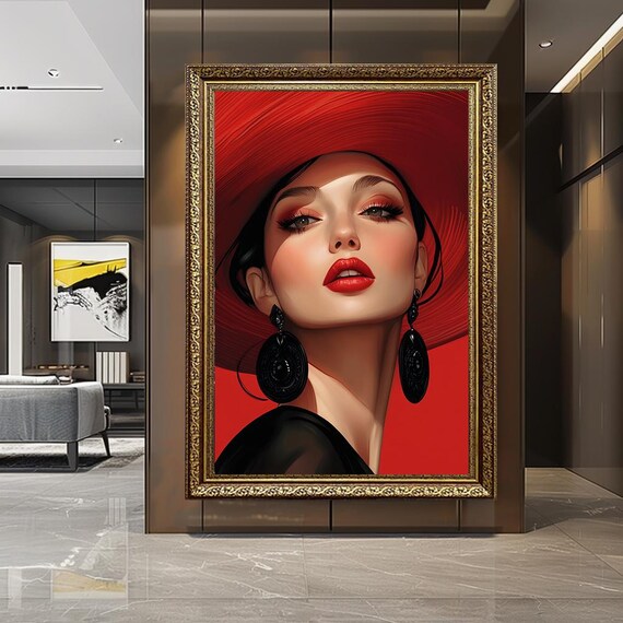 Red Hat Woman Portrait Canvas – Glamorous Fashion Illustration Wall Art, Elegant Beauty Face Decor for Modern Interiors