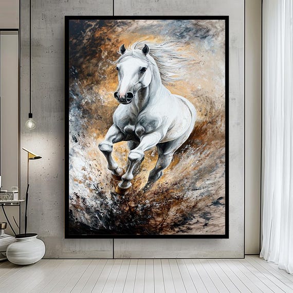 White Horse Canvas Wall Art – Powerful Running Horse Painting Print – Dynamic Animal Artwork for Modern or Rustic Home Decor