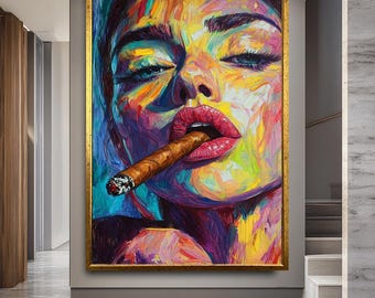 Bold Woman Portrait Wall Art With Cigar And Vibrant Colors, Modern Pop Art Style Canvas Print For Edgy Room Or Contemporary Decor