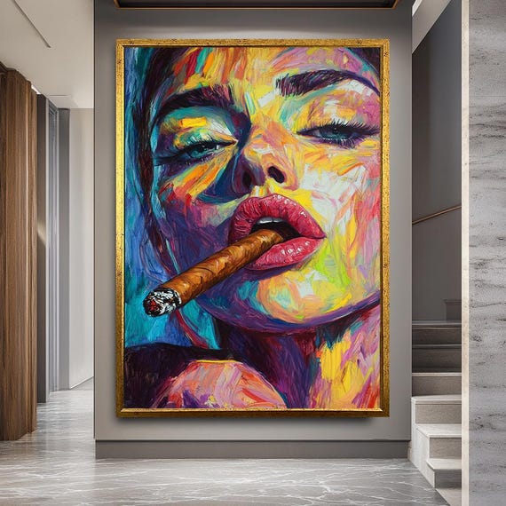 Bold Woman Portrait Wall Art With Cigar And Vibrant Colors, Modern Pop Art Style Canvas Print For Edgy Room Or Contemporary Decor