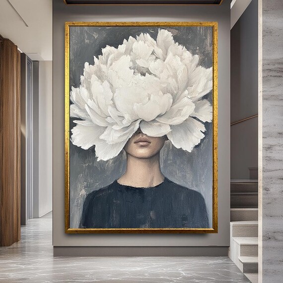Minimalist Woman Wall Art With White Flower Headpiece, Modern Botanical Portrait Canvas Print For Neutral Bedroom Or Stylish Home Decor