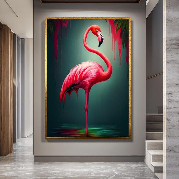 Pink Flamingo Canvas Wall Art, Tropical Bird Print with Dripping Effect, Modern Colorful Wildlife Artwork for Bold Home or Office Decor