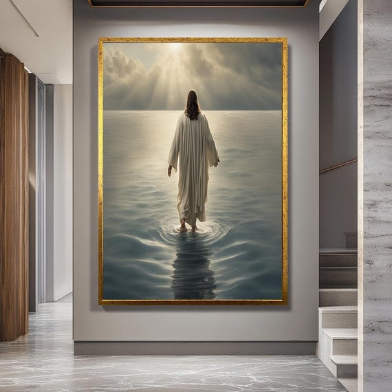 Jesus Walking on Water Canvas Wall Art – Serene Christian Miracle Scene with Divine Light and Ocean Symbolism for Spiritual Faith Decor