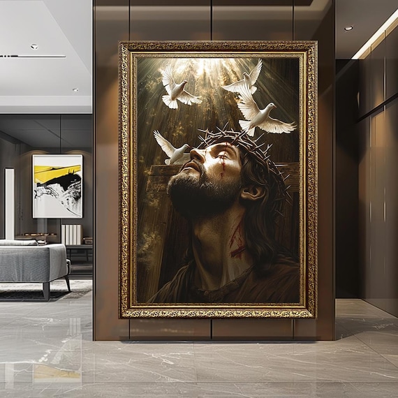 Jesus Crown of Thorns Wall Art Religious Canvas with Doves and Divine Light Christian Spiritual Print for Home Church or Prayer Room