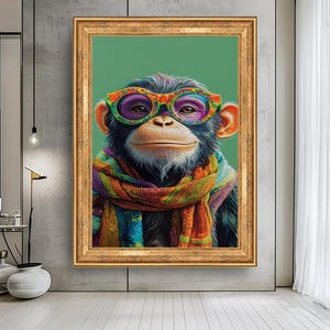 以下が含まれることがあります： カラフルなメガネとストライプのスカーフを身に着けたチンパンジーが描かれた、額入りのアートプリント。アートワークは緑色の背景と金色のフレームです。チンパンジーの毛皮は白と黒で、スカーフは虹色の模様です。
