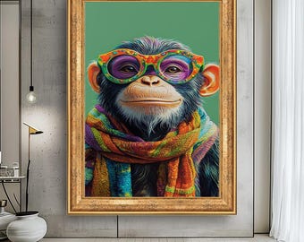 クールなチンパンジーのキャンバス絵画 - サングラスをかけたカラフル