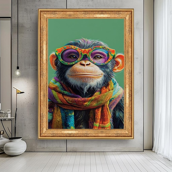 Colorful Monkey Canvas Wall Art – Funny Chimpanzee in Glasses and Scarf Print for Playful Animal Decor