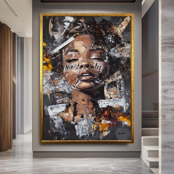 Abstract Urban Woman Portrait with Music Notes | Collage-Style Contemporary Canvas Art | Bold Feminine Graffiti Decor for Modern Interiors