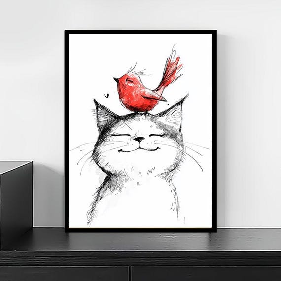 Cute Cat and Red Bird Wall Art | Minimalist Animal Illustration Print | Whimsical Pet Decor for Nursery, Office or Cat Lover Gift