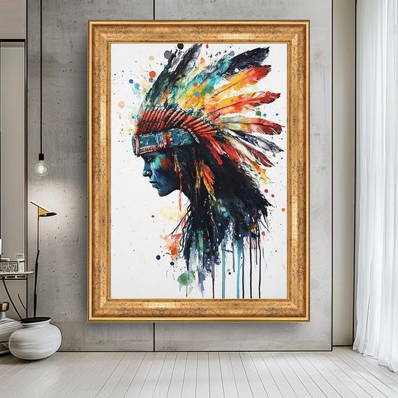 Tribal Chief Canvas Print – Colorful Headdress Wall Art – Native Inspired Abstract Portrait – Bold Boho Rustic Home Decor
